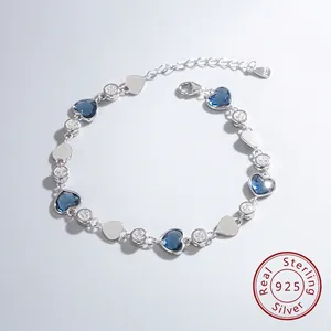 Bracelet en Argent Sterling 925 Cristal Cœur Bleu pour Femme Élégant Bracelet Chaîne avec Incrustation de Strass Bijoux Cadeau