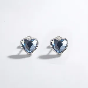 925 Sterling Silver Blue Heart Rhinestone Stud Earrings Ocean Heart Design For Women Fashion Jewelry Daily Ear Studs