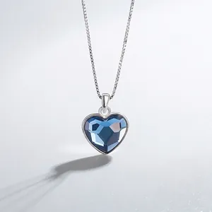 925 Sterling Silver Heart Pendant Necklace Blue Rhinestone Ocean Heart Romantic Jewelry For Women Wedding Anniversary Gift