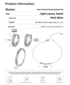 Detailed view of S925 silver heart jewelry set featuring multicolored zircon gemstones