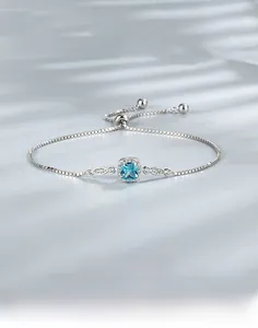 Adjustable S925 silver box chain bracelet with square blue zircon and sliding buckle