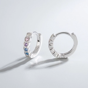 Elegant S925 sterling silver hoop earrings with multicolored heart-shaped zircon stones