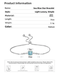 Detailed view of S925 silver blue topaz bracelet with adjustable 26cm sliding chain