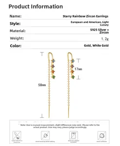 Détails des boucles d'oreilles en argent S925 avec zircons arc-en-ciel et dimensions