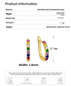 Detailed spec sheet of S925 silver rainbow zircon D-earrings with dimensions 13.7mm x 1.8mm