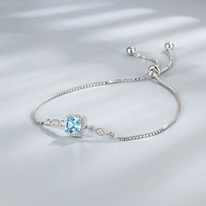 S925 sterling silver box chain bracelet with square blue topaz and zircon accents