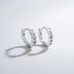 S925 sterling silver hoop earrings with multicolored heart-cut cubic zirconia crystals