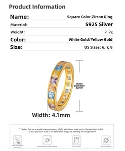 Detail view of S925 sterling silver ring dimensions with rainbow square zircon stones