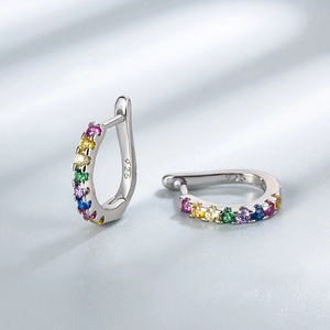 S925 Sterling Silver hoop earrings featuring a vibrant rainbow of multi-colored zircon stones