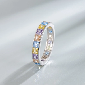 Elegant 925 sterling silver ring with square rainbow cubic zirconia stones inlay