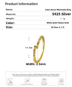 S925 silver ring specifications with colorful zircon inlay and size parameters