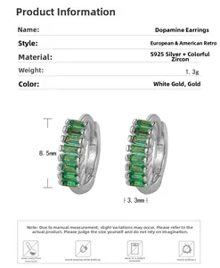 Spécifications des boucles d'oreilles rétro en argent S925 avec zircon vert et dimensions