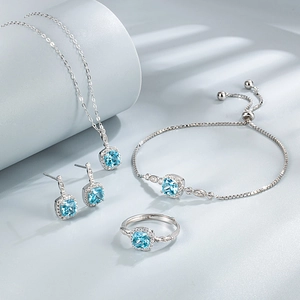 Square cut blue topaz S925 silver jewelry set including necklace bracelet and earrings