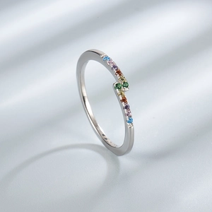 Detailed macro of S925 sterling silver ring featuring multi-colored zircon rainbow stones