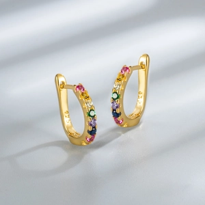 Elegant 925 sterling silver gold-plated U-shaped hoop earrings with rainbow gemstones