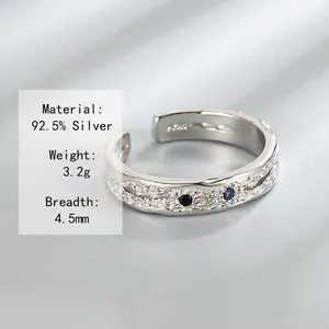 S925 sterling silver open ring with irregular rock texture and blue micro-set stones