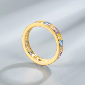 Gold plated S925 sterling silver ring with multi-colored square-cut rainbow zircon stones