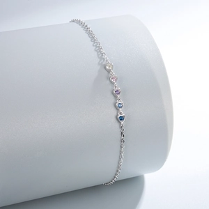 S925 sterling silver bracelet featuring five colorful heart-shaped zircon stones