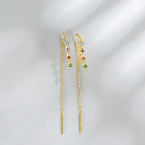925 Argent Sterling Gland Long Arc-en-ciel Zirconia Boucles d'Oreilles Traversantes Femmes Dopamine Coloré Bijoux Mode de Luxe
