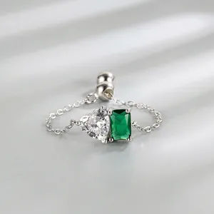 Elegant 925 Sterling Silver Adjustable Chain Ring Heart Zirconia Emerald Cut Emerald Green Stone Ring For Women Jewelry