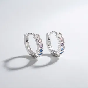 925 Sterling Silver Heart Hoop Earrings Colorful Zirconia Inlaid Sweet Ear Buckles For Women Fashion Daily Jewelry Accessory