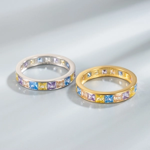 S925 sterling silver eternity rings with colorful square-cut cubic zirconia in gold and silver