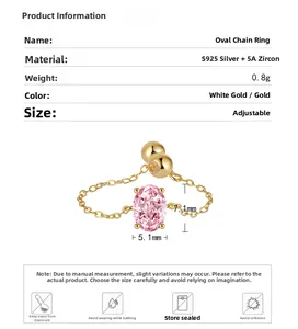 Detailed spec sheet showing S925 silver oval chain ring size and 5A zircon dimensions