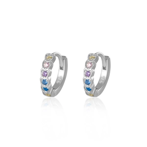 S925 sterling silver hoop earrings with five multicolored heart-shaped zircon stones
