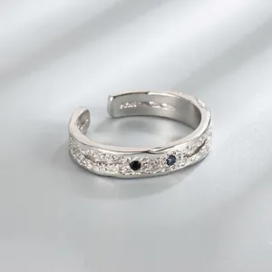 925 Sterling Silver Adjustable Open Ring For Women Irregular Rock Texture Micro Inlaid Blue Black Rhinestone Hip Hop Jewelry