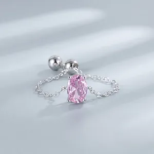 S925 Sterling Silver Oval Zirconia Chain Ring For Women Minimalist Adjustable Geometric Link Finger Ring Jewelry Gift