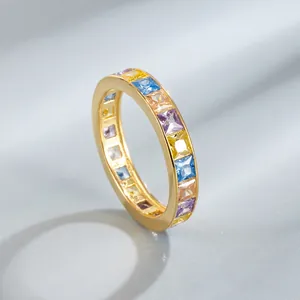 S925 Sterling Silver Rainbow Eternity Ring Square Cut Zirconia Inlaid Gold Silver Plated Fashion Finger Ring For Women Jewelry