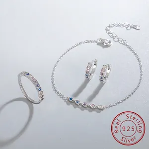 925 Sterling Silver Heart Colorful Zirconia Jewelry Set Multicolor Heart Ring Earrings Bracelet For Women Fashion Jewelry
