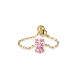Adjustable S925 silver chain ring with pink oval gemstone and golden beads decoration
