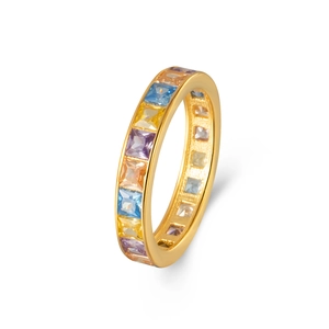 S925 sterling silver ring with colorful square-cut rainbow cubic zirconia eternity band