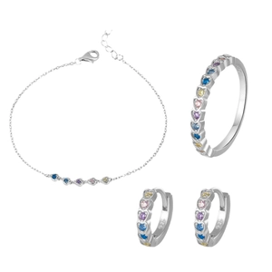 S925 silver jewelry set with colorful heart-shaped cubic zirconia bracelet and earrings