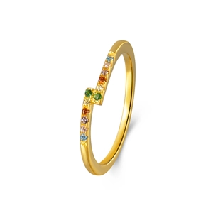 S925 sterling silver bypass ring with colorful zircon stones in gold plated finish