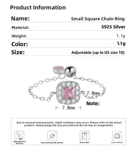 Macro detail of S925 sterling silver chain ring featuring a square pink zircon stone