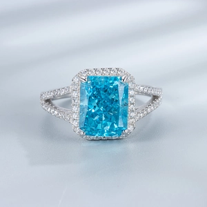 Radiant cut blue carbon diamond ring in S925 sterling silver with halo setting