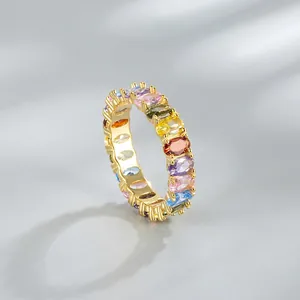 Bague Eternity Arc-en-ciel en Argent Sterling 925 Exquise Bague Anneau Complet en Strass Colorés Ovales pour Femme Bijoux