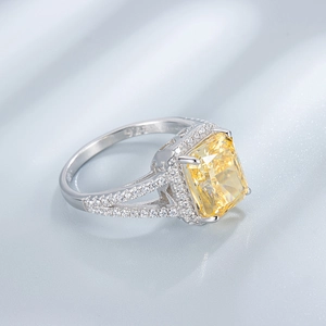 S925 sterling silver ring with yellow radiant cut ice flower carbon diamond and halo design