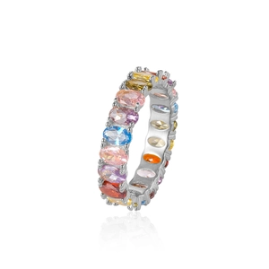 Bague d'éternité arc-en-ciel en argent 925 avec zircons colorés de taille ovale