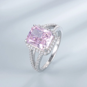 Radiant cut pink carbon diamond S925 sterling silver ring with halo and split shank