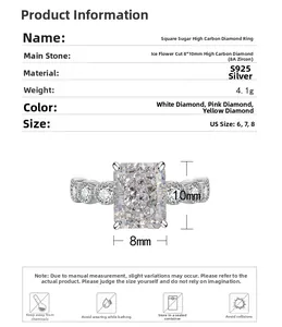Detaillierte Spezifikationen des S925 Silber Rings mit 8x10mm Eis-Schliff Kohlenstoffdiamant