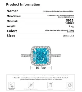 Detailed view of S925 silver ring featuring 8x8mm blue ice-cut carbon diamond and pavé band