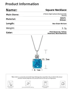 Detailed specs of S925 silver necklace with 8mm square blue zircon and box chain