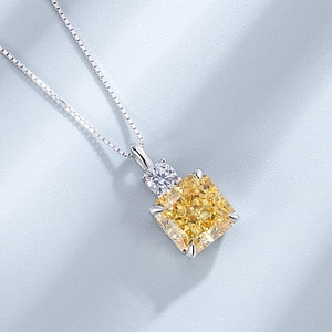 Elegant S925 sterling silver necklace with a square-cut yellow zircon pendant and box chain