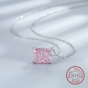 Detail of S925 sterling silver necklace with pink cushion cut carbon diamond stone