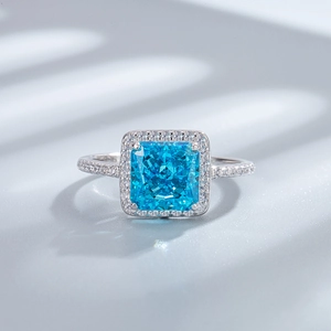 Luxurious S925 sterling silver ring with square blue gemstone and halo diamond settings