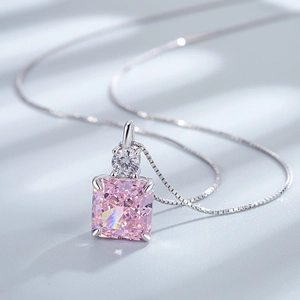 Elegant S925 sterling silver necklace with a radiant square pink gemstone pendant