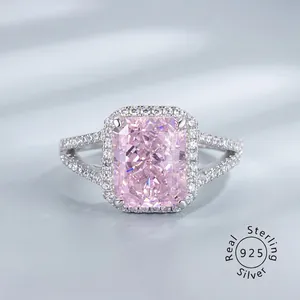Luxury 925 Sterling Silver Radiant Cut Rhinestone Engagement Ring For Women Halo Split Shank Pink Blue Yellow Rhinestone Jewelry
